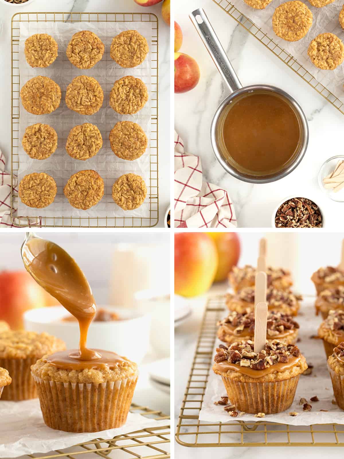 Steps to make caramel apple cupcakes.