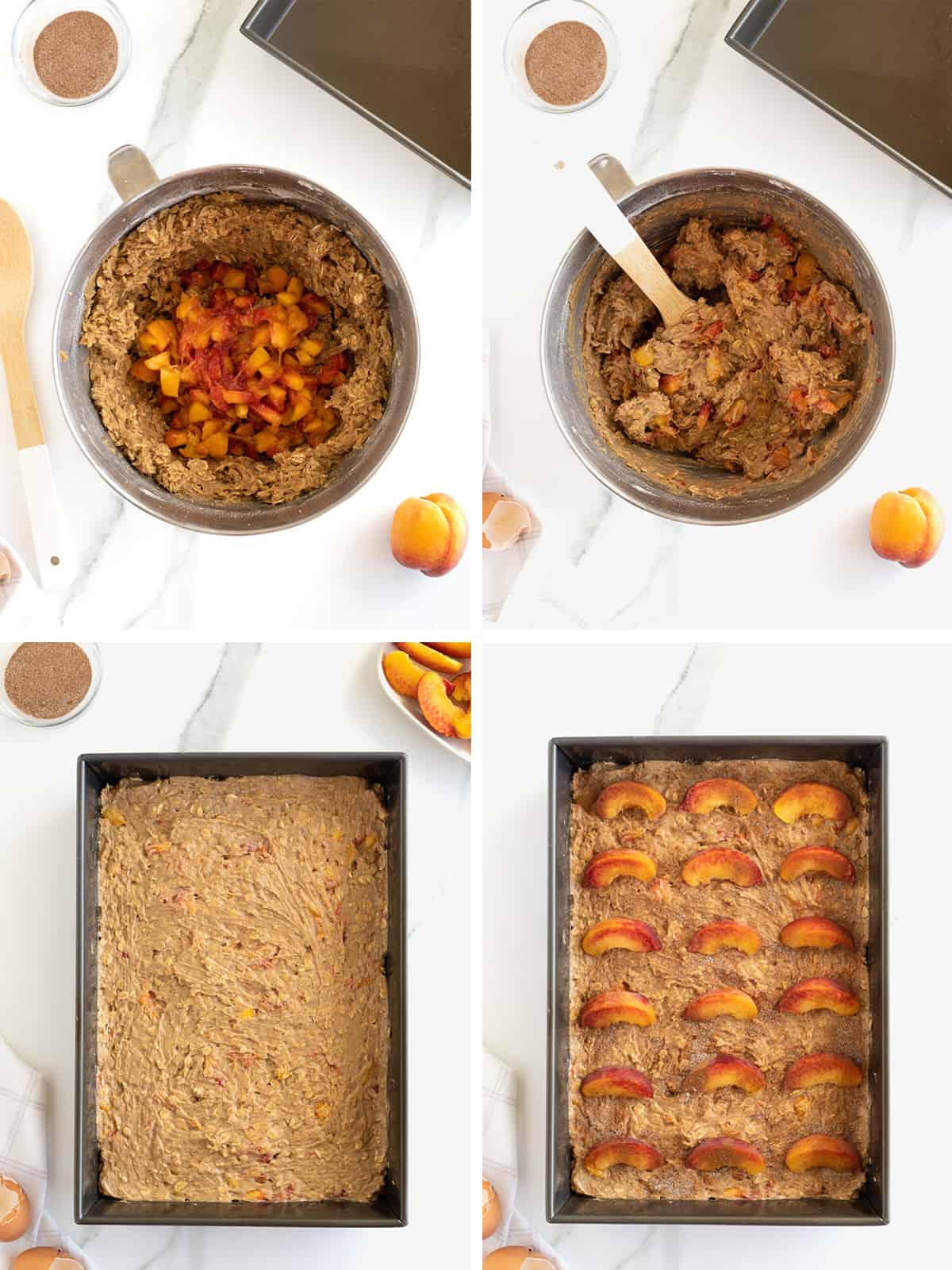 Steps to make peach oatmeal bars batter.