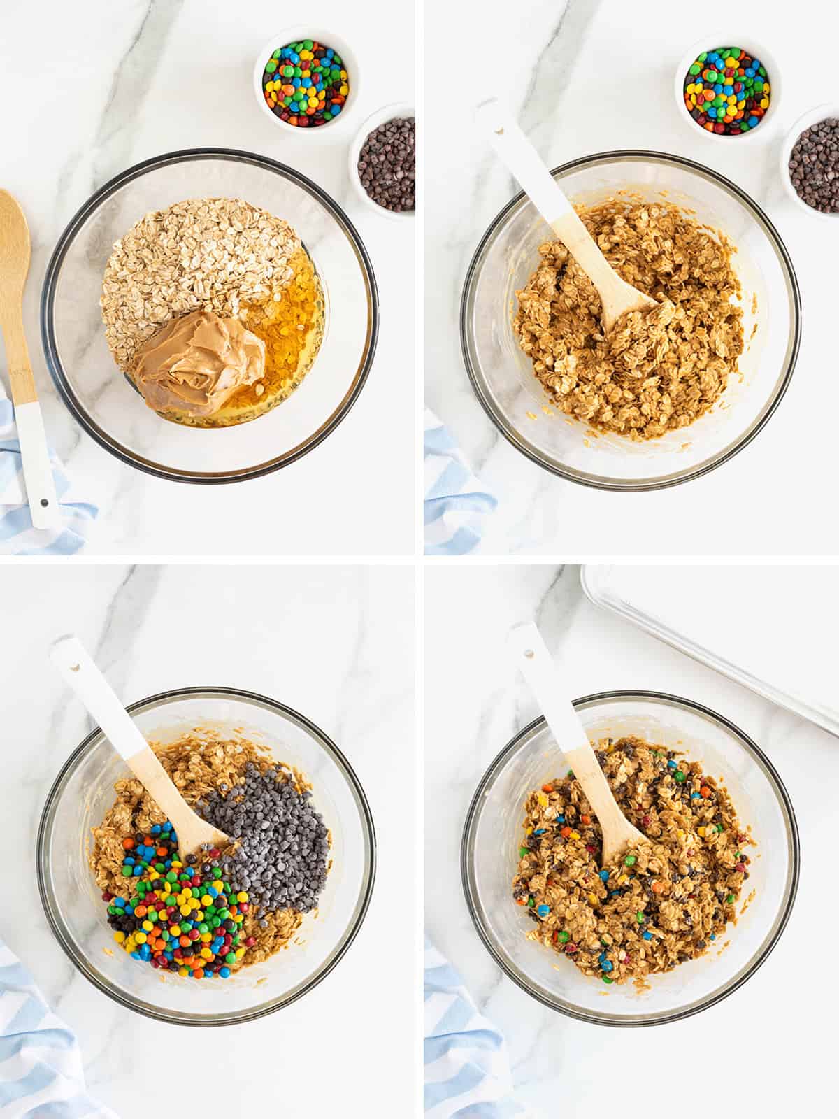 Steps to make no-bake monster cookie balls.