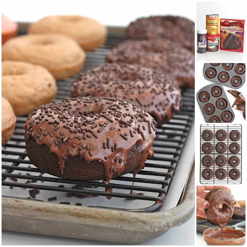2-Ingredient Chocolate Pumpkin Donuts with a chocolate frosting glaze