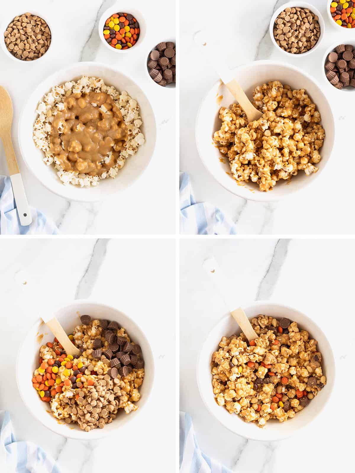 Steps to make loaded peanut butter popcorn balls.