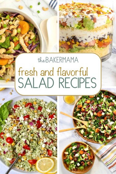 Citrus caesar, layered taco salad, pesto rice salad, and kale salad.