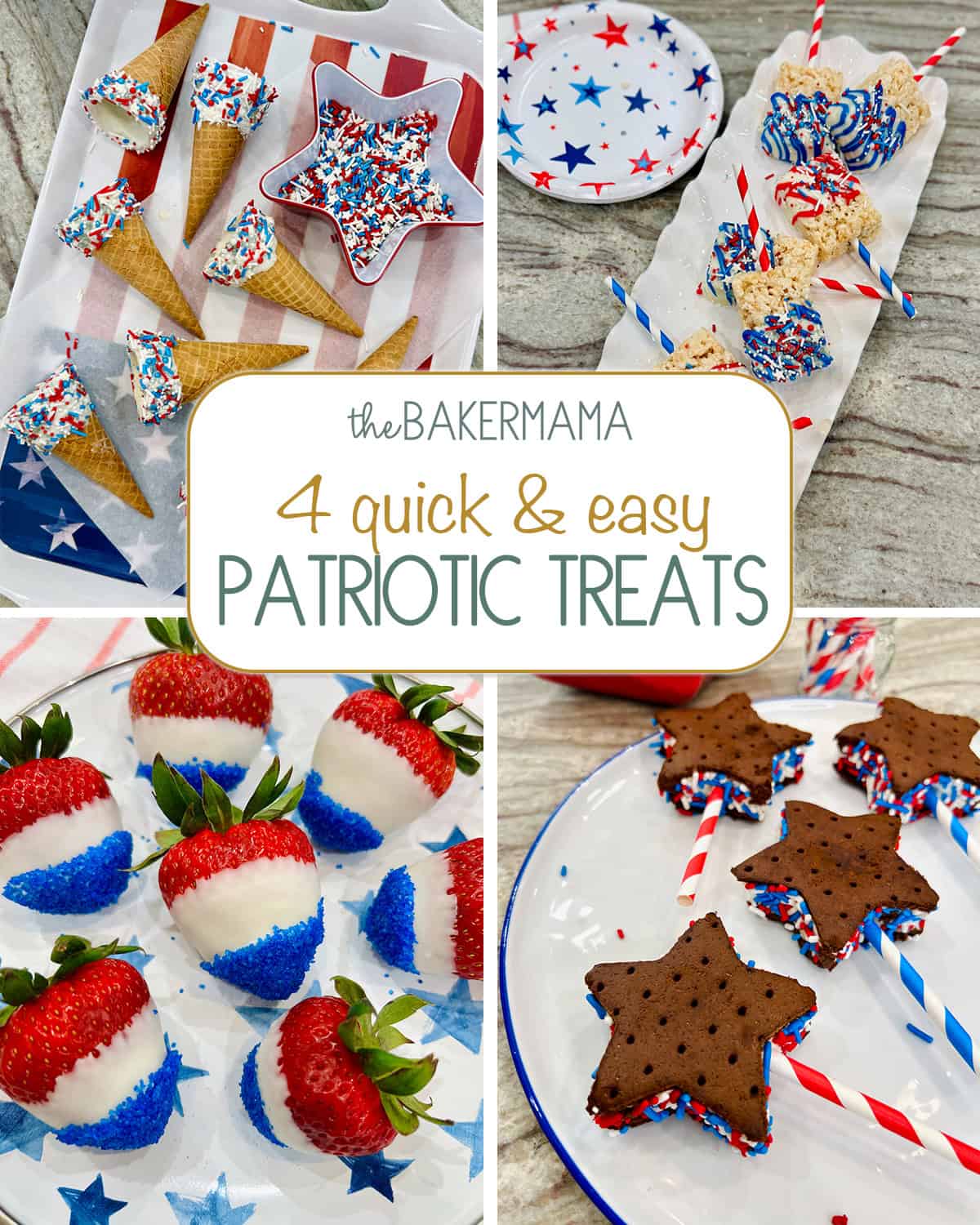 Patriotic ice cream cones, Rice Krispies treats, chocolate dipped strawberries and star-shaped ice cream sandwiches.